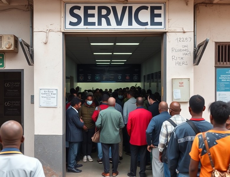 Before — A single line for every transaction type, with the wait piling up at the entrance.